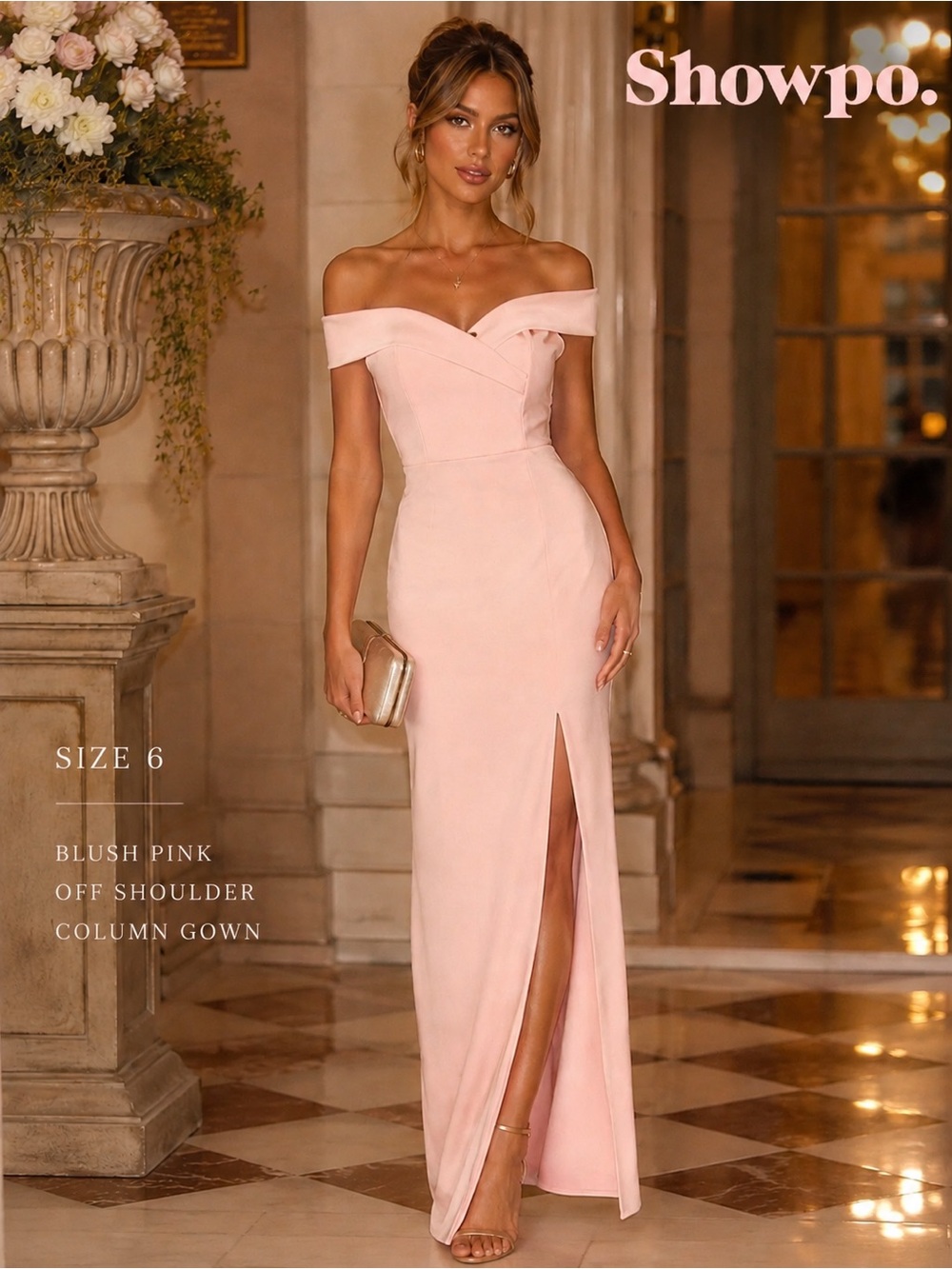 Showpo Blush Pink Off Shoulder Column Gown Elegant Evening Guest Dress Size 6